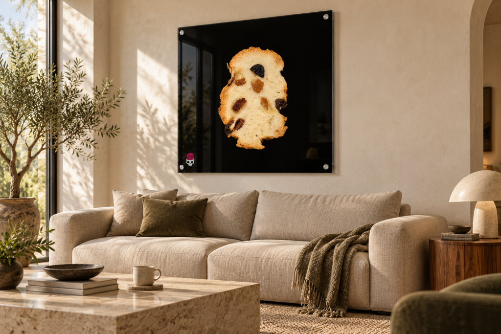 Render di una fotografia Bread for Brain della collezione Pane e uvetta, stampata su plexiglass e montata a parete in un soggiorno