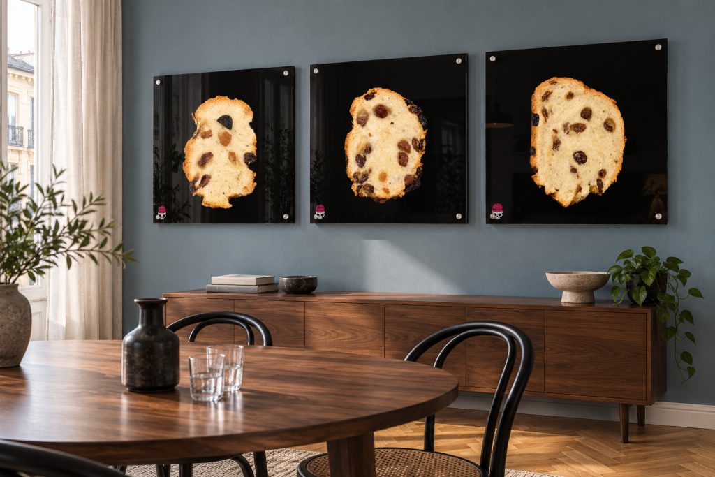 Render di un trittico Bread for Brain: tre fotografie di fette consecutive di Pane e uvetta su plexiglass in una sala da pranzo